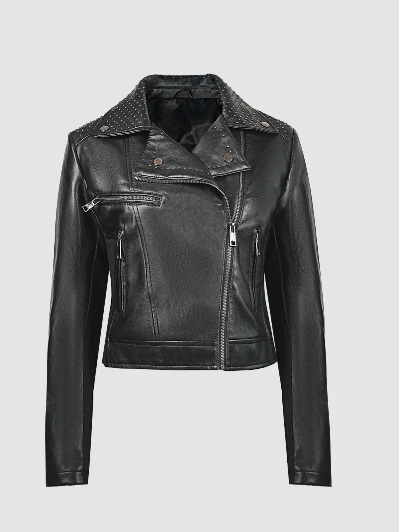 Autumn and winter women's leather jacket short PU slim fit leather jacket black willow nail motorcycle jacket suit jacket