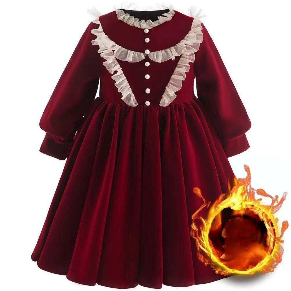 

Baby Girls Autumn Winter Lace Spliced O-neck Full Sleeves Ball Gown Knee-Length Dress 2023 Plus Velvet Warm Pullover Thicken Top