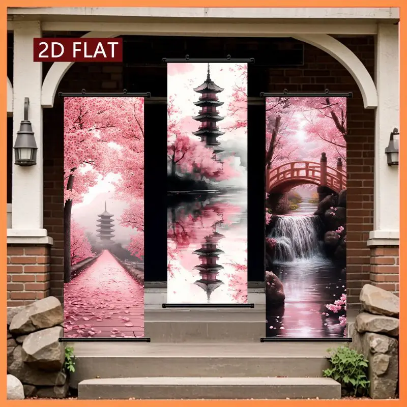 VIKAMA Pink Cherry Blossom Pagoda Wall Tapestry Bridge Waterfall Japanese Scroll Art Home Decor Cozy Room Soft Durable Aesthetic