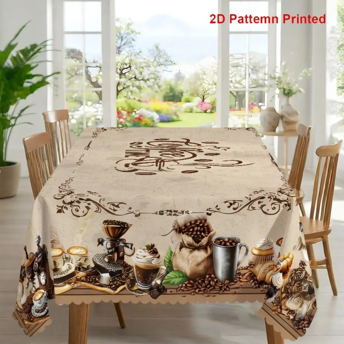 Retro coffee time theme party tablecloth, distressed beige background with coffee beans,