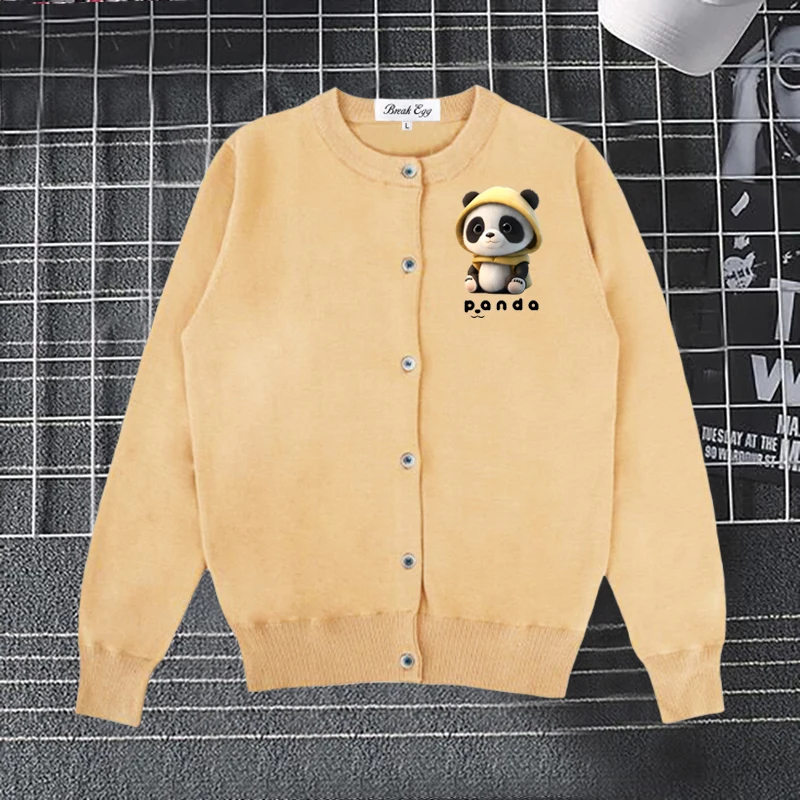 

Cute Plush Big Head Panda Printing Women Cardigan Cotton O-Neck Fit Single Breasted Autumn Elastic Home Office Lady Sweater