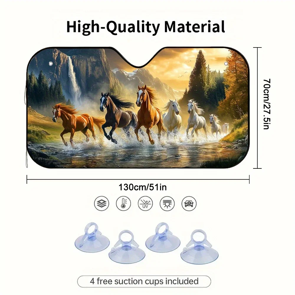 1pc 2D Flat Galloping Horse Car Sunshade – Keeps Your Car Cool, Includes 4 Free Suction Cups, Foldable & Easy To Install, Perfec
