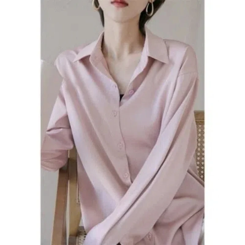 Temperament Long Sleeve Loose Blouse Spring New Polo Neck Solid Color Simplicity Elegant Shirt Tops Fashion Casual Women Clothes