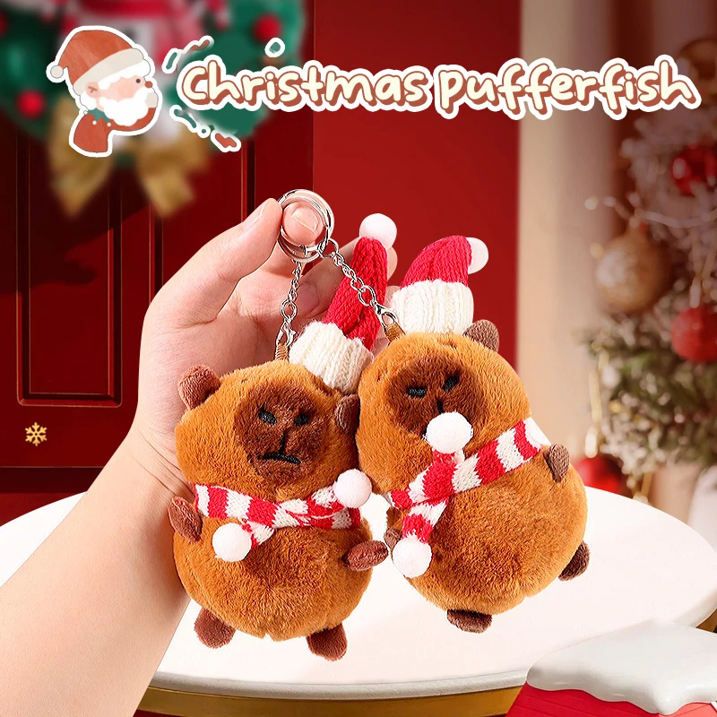 New Kawaii Christmas Capybara Plush Keychain Cartoon Stuffed Doll Pendant Backpack Hanging Decoration Car Key Charms Xmas Gifts