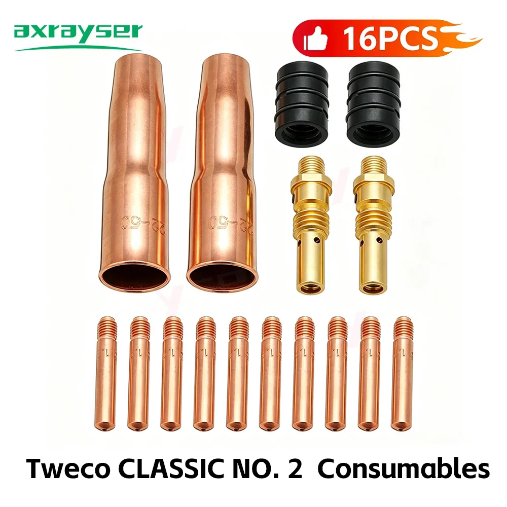 16Pcs kit Tweco #2 MIG Gun Parts LIN 200Amp GMAW MAG Consumables 22-50 Gas Nozzle 14Series Contact Tips for Tweco Classic No.2