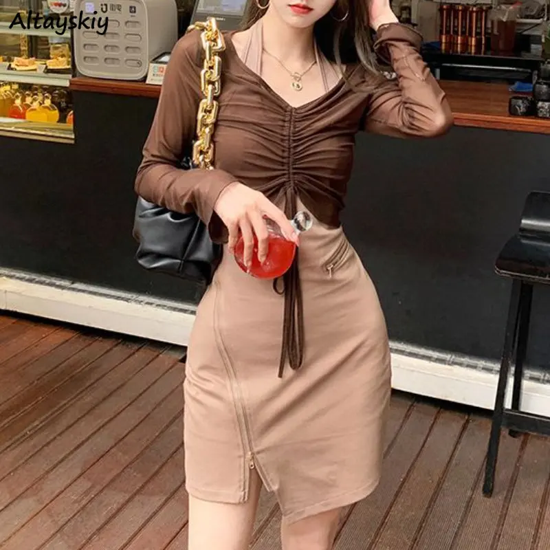 

2 Pcs Sets Women Sexy Shirring Long Sleeve T-shirts Halter Zip Asymmetrical Mini Dress Slim Elegant Ladies Designed New Spring