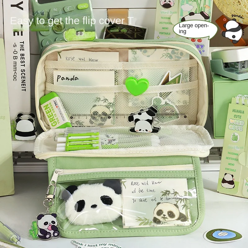 Panda-grande capacidade saco de caneta transparente, grande saco de armazenamento, bonito, para estudante do ensino médio, papelaria, novo