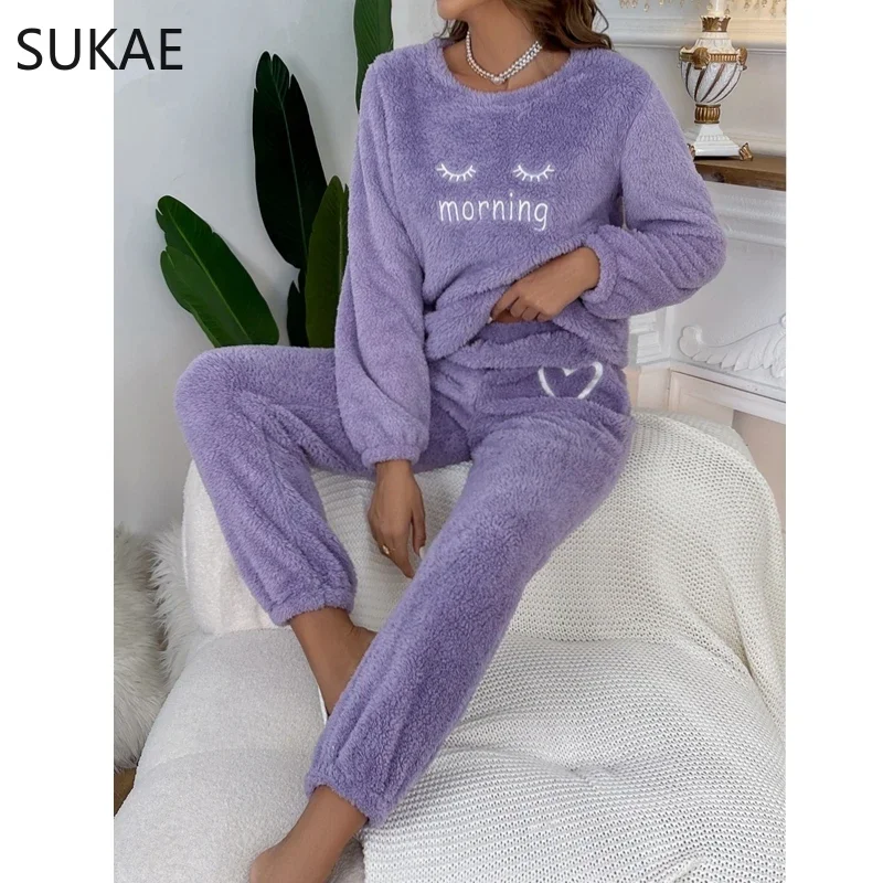 Thick Fluffy Homewear Winter Woman Pajamas Set Pullover Lashes Sleepwear Cozy Flannel Pijamas Cold Thermal Lady Lingerie Pyjama