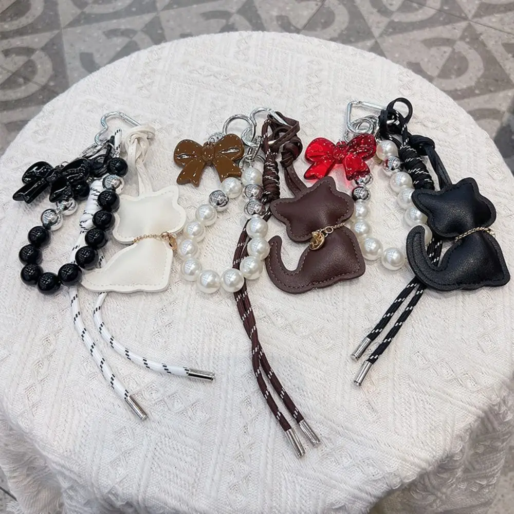 

Fashion Pearl Bead String Cartoon Cat Pendant Bowknot Creative Key Ring Cute PU Leather Bag Hanging Accessory Bag Decoration