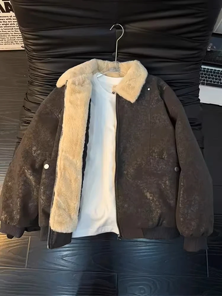 

American Sle Dyed Jaet Men's Winter Thiened Cotton Lamb Fur ort Suede Coat Warmth Flap Design Long Sve Zipper Closure