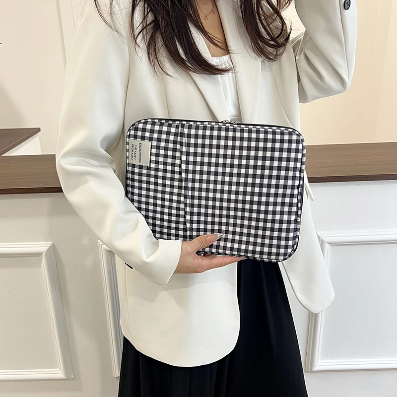 Plaid Nylon Laptop Sleeve 14 Inch Portable Tablet Inner Bag Notebook Computer Case Multi Pocket Organizer for Business Commute