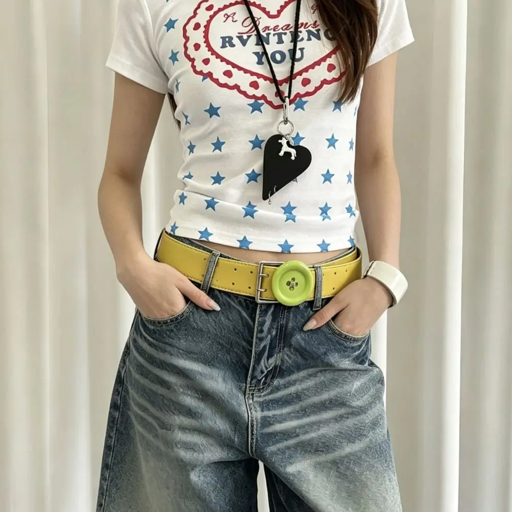 New PU Y2K Waist Belt Large Button Decor Adjustable Decorative Belt Metal Buckle Button Belt Pants Accessory