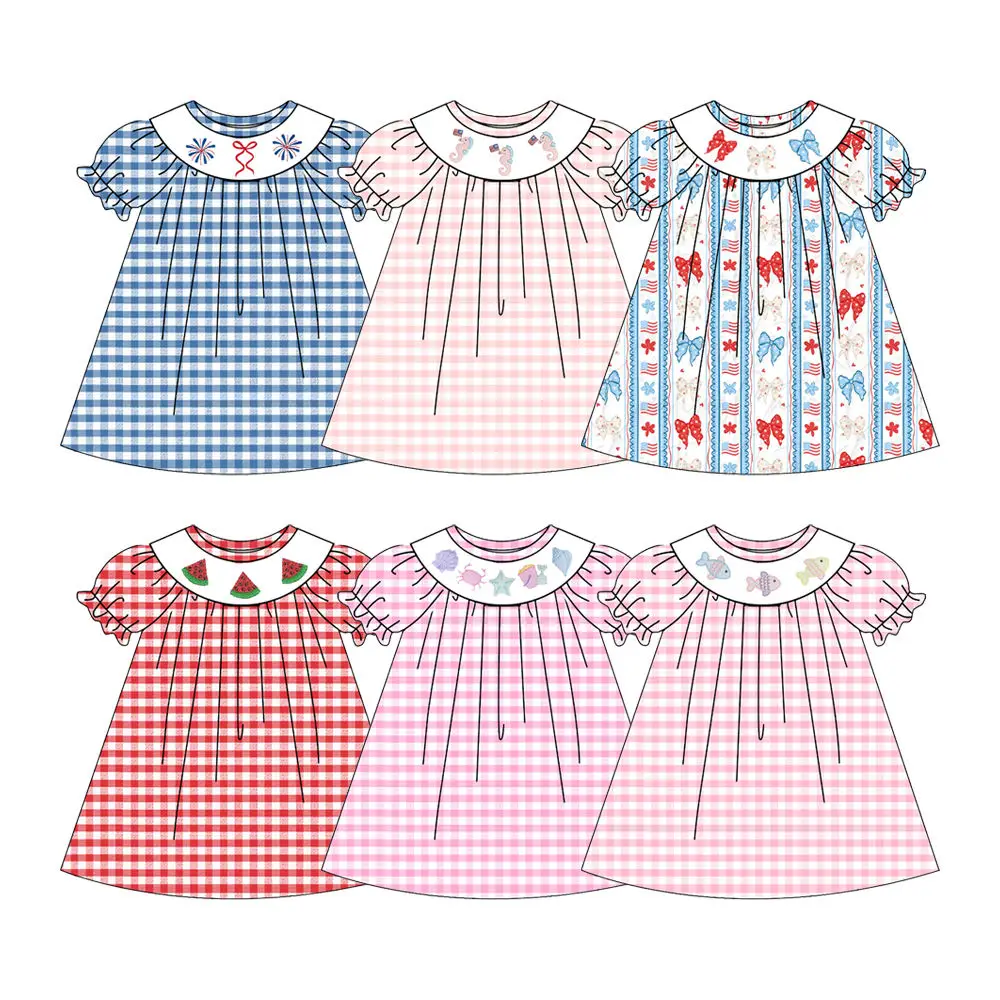 Short-Sleeve Stretchy Boutique Baby Girl Dress Cartoon Watermelon Fish Print Casual Summer Knee-Length Dress Sister Clothes