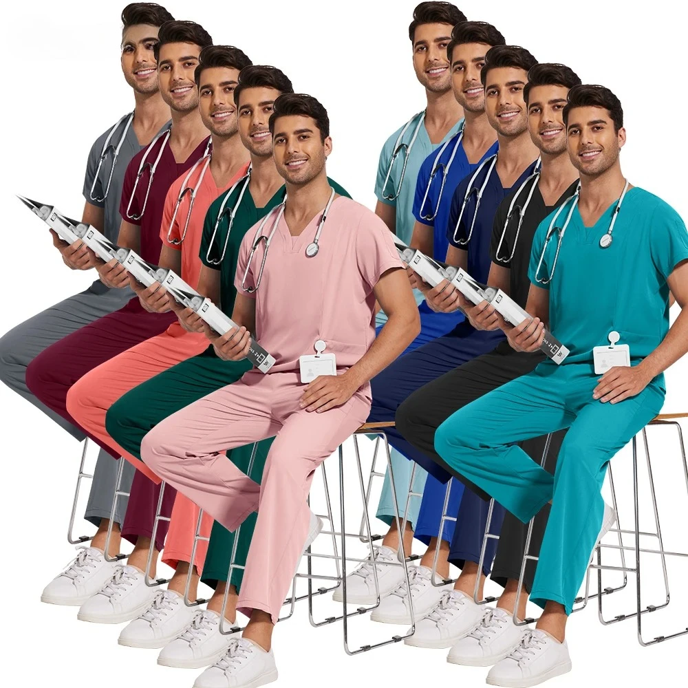 

Хирургическая рабочая одежда с короткими рукавами, унисекс, медицинская стоматологическая униформа, комплект скрабов для медсестры с v-образным вырезом, хирургическая спецодежда для больниц и врачей