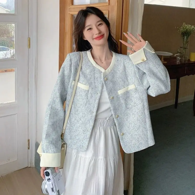 

Дизайнерский винтажный твидовый пиджак, женская короткая куртка, весенне-осеннее пальто, милый тренд, топ с длинными рукавами, однобортное офисное женское пальто