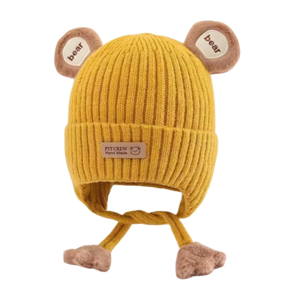 Шапка-бини с милым медведем для малышей, хлопковая подкладка, вязаный материал, детская антихолодная шапка со шнуровкой, теплая ужина