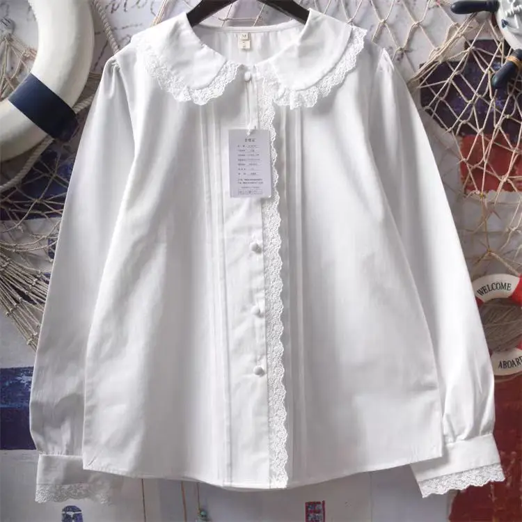 

Summer New High Quality 100% Cotton Long Sleeve Shirt Women Peter Pan Collar Sweet Mori Girl Retro Casual Loose Blouses Shirts