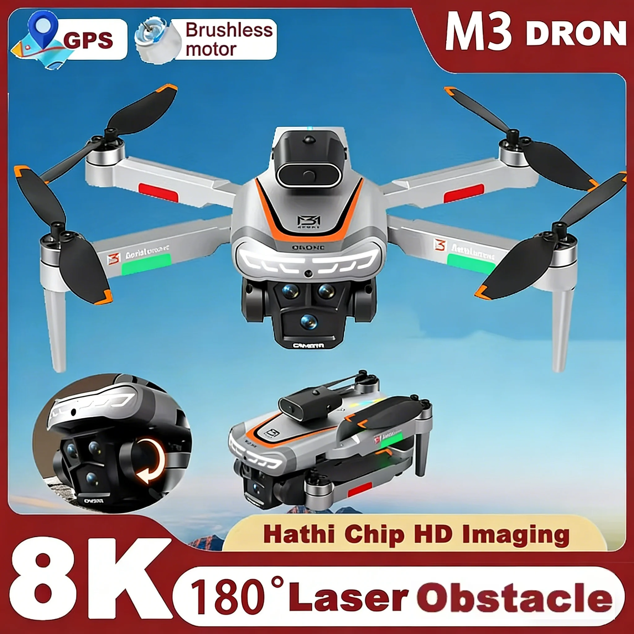 NEW M3 Drone 8K Professinal With 1080P Wide Angle HD Cameras Foldable Helicopter WIFI FPV 180° Electric Adjustable Heights Gifts