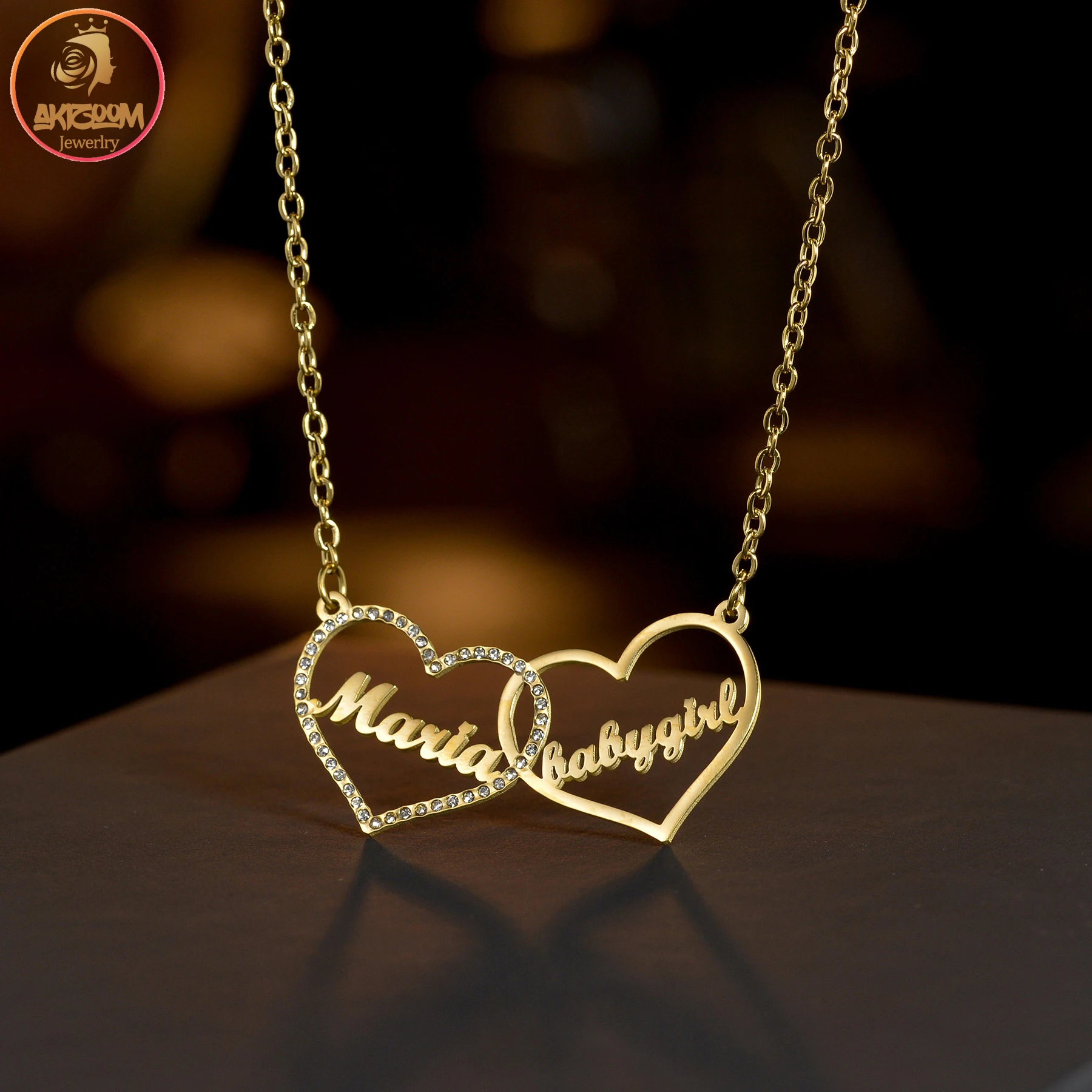 

Akizoom Custom Name Necklace Double Heart Stainless Steel Love for Women Couple DIY Choker Pendant Chain Necklaces Jewelry Gift