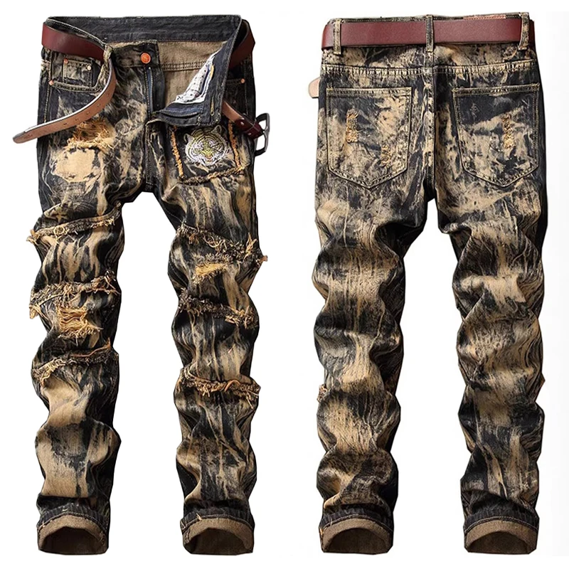 Men's Slim fit Jeans With High Street Style Black Yellow Distressed Washed With Multiple Layers Distressed Tiger Head Embroidery