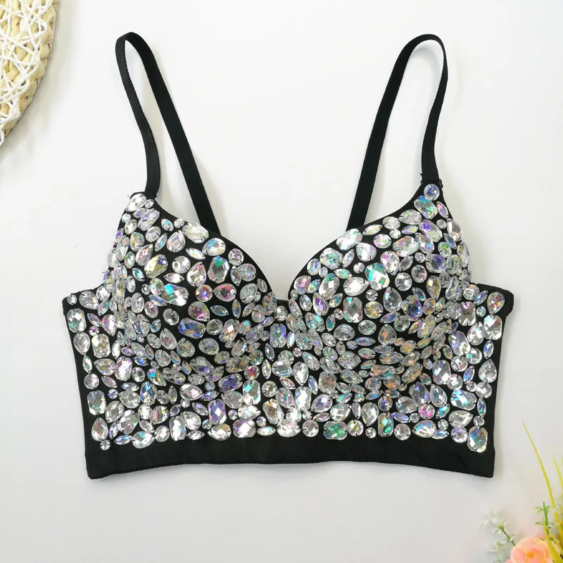 

Stage Performance Sparkling Ab Colored Diamond Strapless Top For Women Bar Party Sexy Shiny Deep V Slimming Wrap Top For Women
