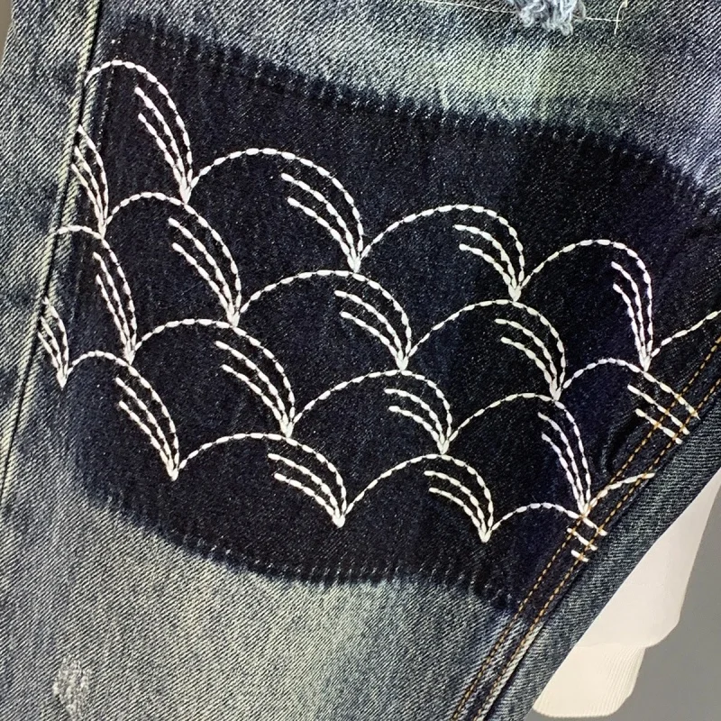 Vintage Blue Ripped Jeans Men's Fashion Printed 2024 Men's New Clothes Street Fashion Loose Harem Ruffle Handsome Trousers