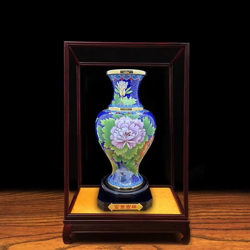 Vase ceramic underglaze color withwooden box high-end retro Chinese characteristic gift copper tire enamel blue desktop ornament