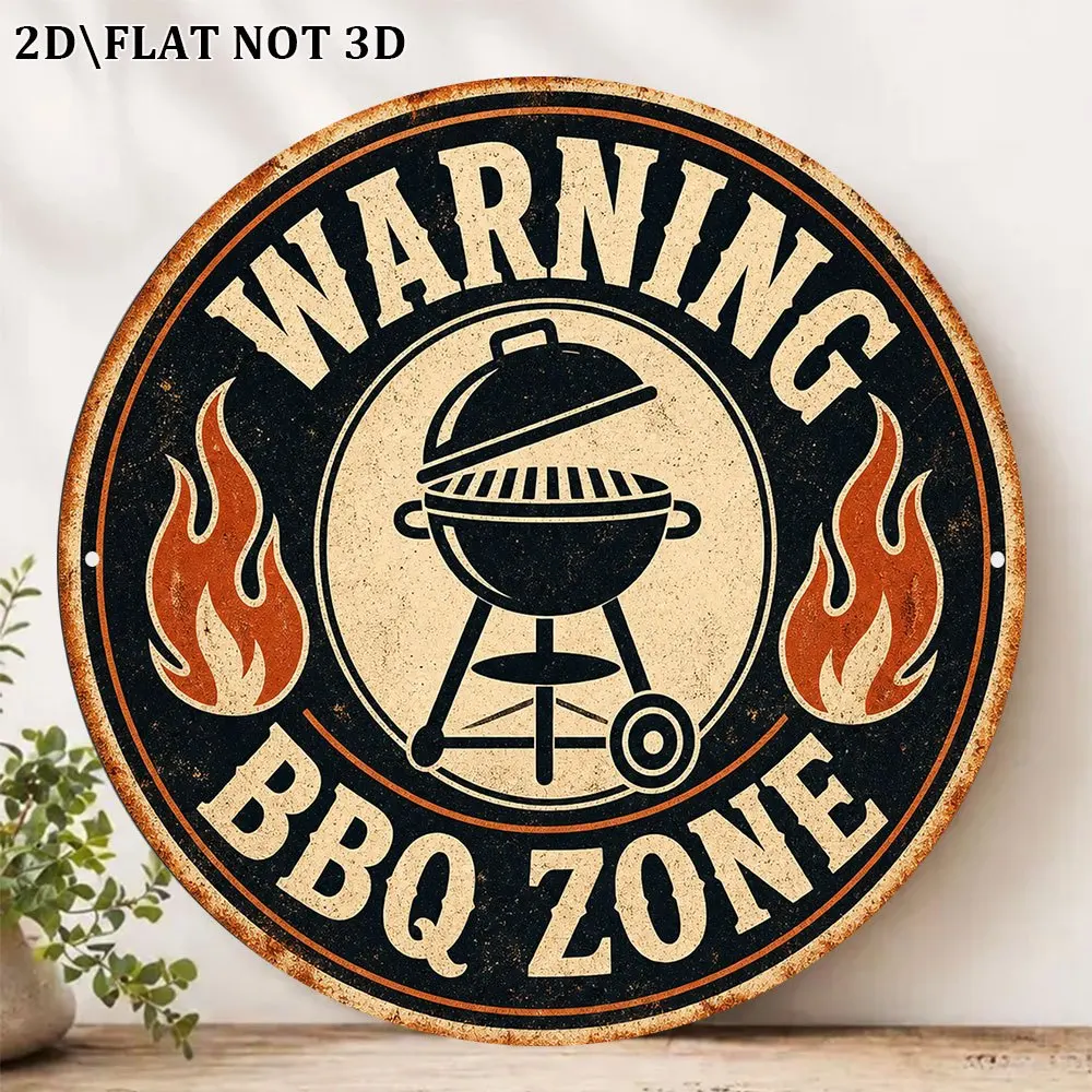 Vintage BBQ Warning 2D Round Aluminum Sign 8x8in Outdoor Bar Kitchen Grill Area Wall Decor Gift