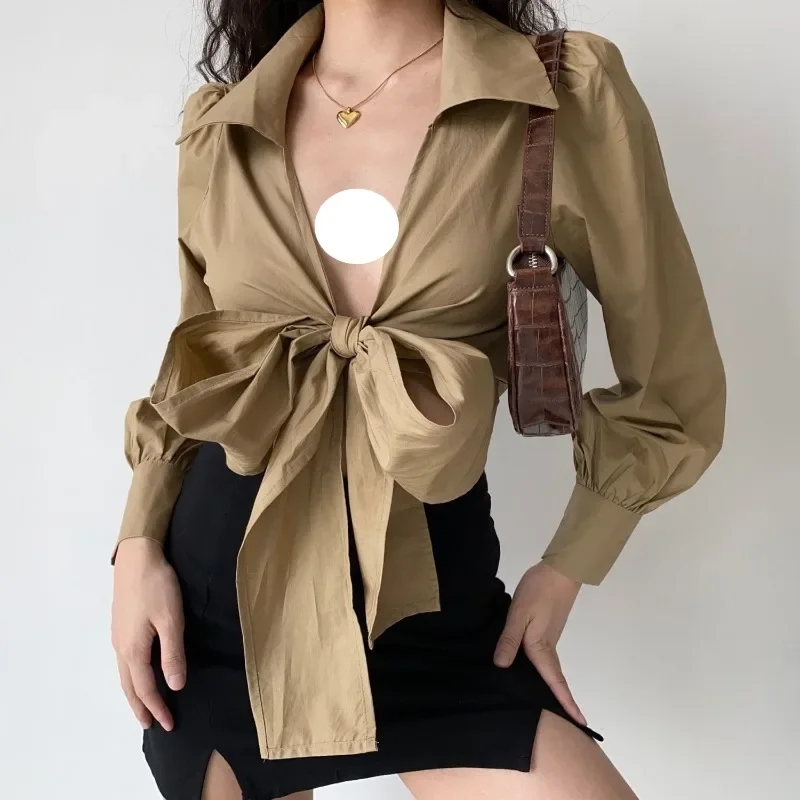 Bluzki damskie American High Street Spring Solid Bandage Aesthetic Vintage Crops Design Harajuku Clothes Blusas Casual Hipster