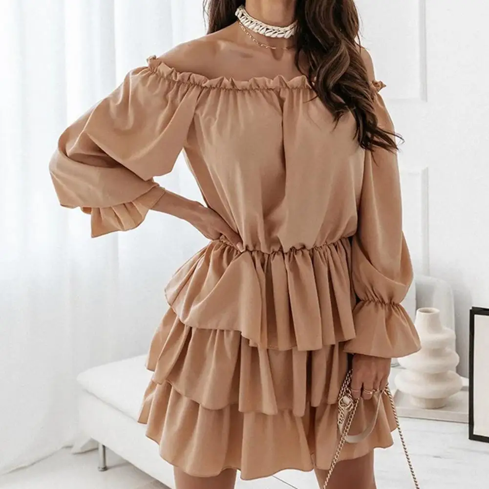 

Women Long Sleeve Ruffle Hem Tunic Cake Dress Slash Neck Solid Color Mini Dress Streetwear Party Short Dresses