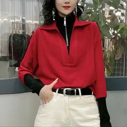 Fashion Stand Collar Zipper Spliced Fake Two Pieces Blouses Women's Clothing Winter Loose Casual Tops Batwing Sleeve Shirts