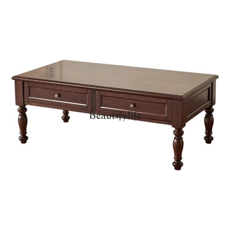 

American Country Style Solid Wood Coffee Table with Drawer Storage Rectangular High-Legged Coffee Table
