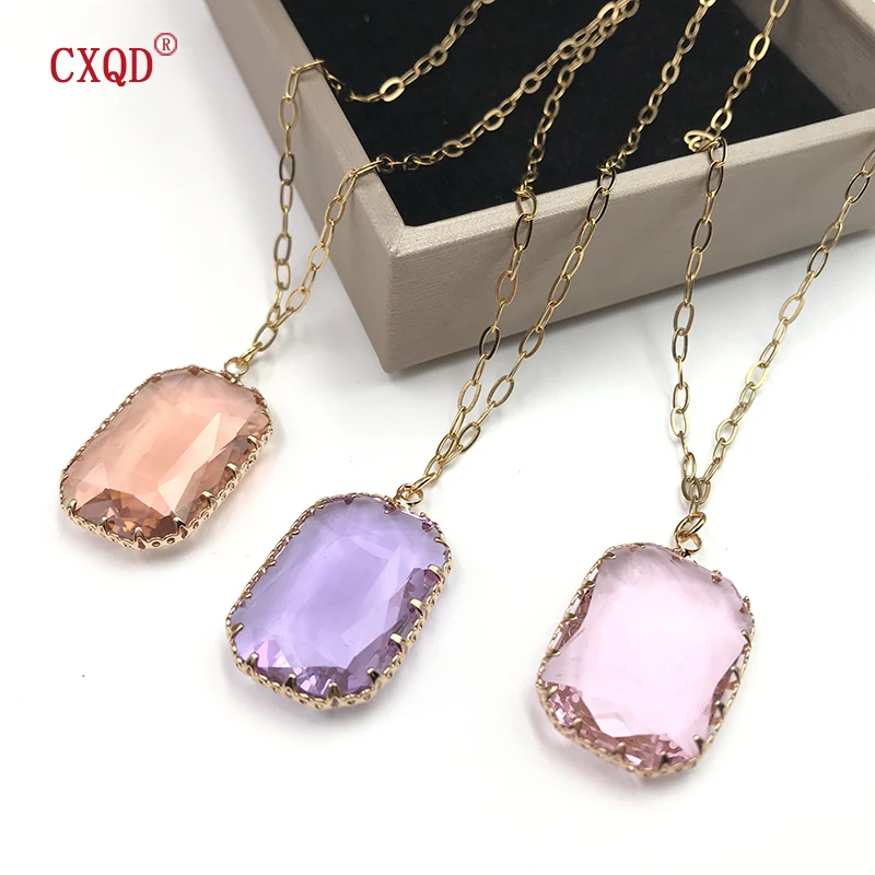 Stainless Steel Chain Large Multicolor Rectangle Clear Glass Pendant Necklace for Women Fashion Earrings Jewelry Accessories Set