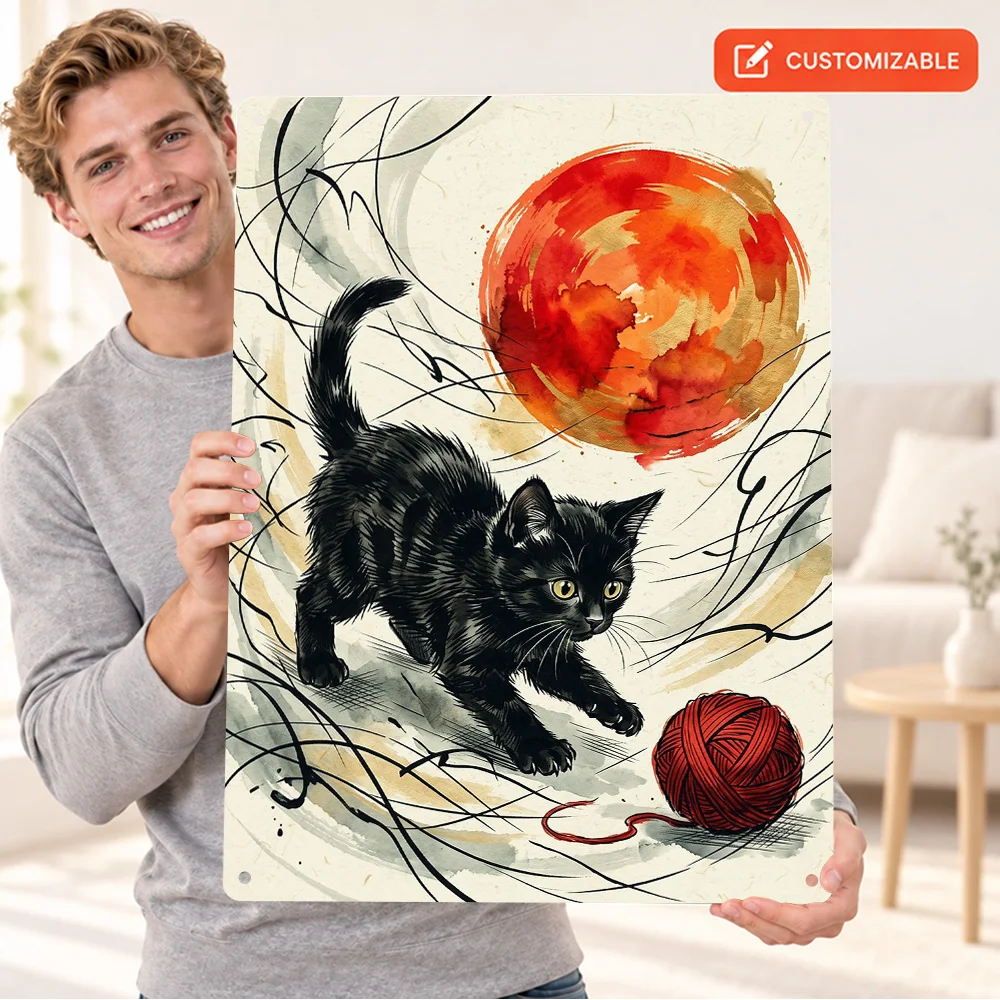 Black Cat With Red Yarn Japanese Watercolor Printed Poster Bold Design Studio Wall Art Personalized Aluminum Metal Sign Fan Gift