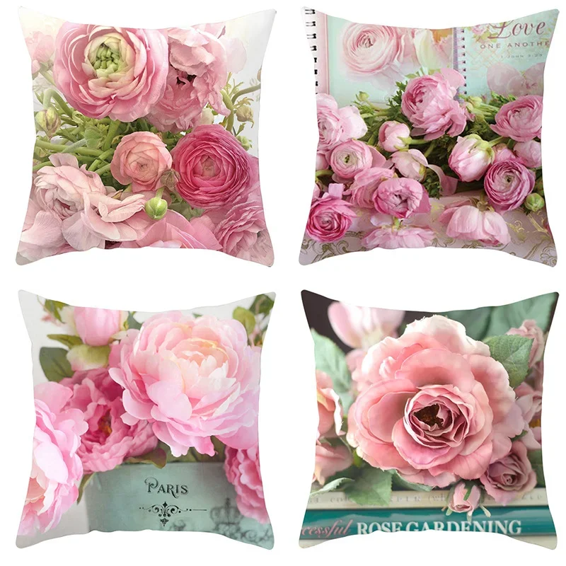 4 Uds Vintage Rosa Serie Kussen funda hogar sofá Terug Kussen Gooi funda Bloem Kussensloop Voor Slaapkamer decoración de la Oficina en casa