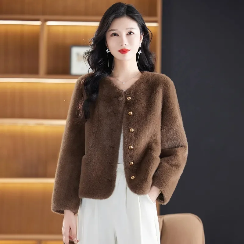 겨울 여성 고급 긴 소매 인조 모피 코트 한국 여성 패션 레저 모피 탑 재킷 2025 라운드 넥 플러시 아우터웨어
