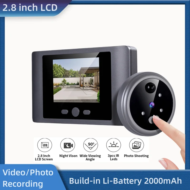 Wireless Home Security Peephole Video Campainhas, Digital Door Eye Camera com bateria, suporte PIR, vídeo e registro de fotos, 480P