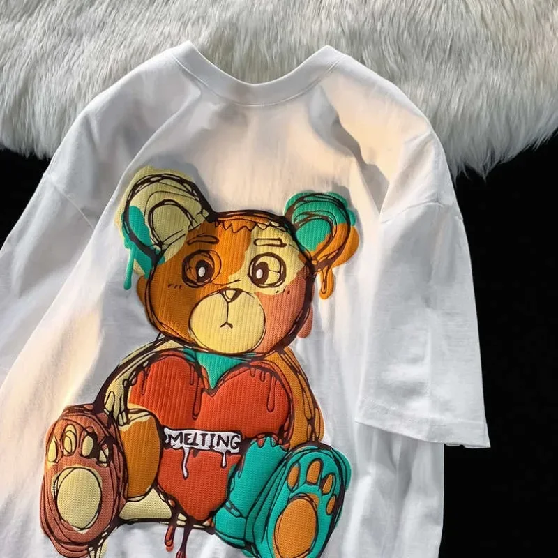 Pure Cotton Retro Graffiti Teddy Bear Printed Short Sleeved T-shirt for Male and Female Summer Trendy Couple Loose Casual Top