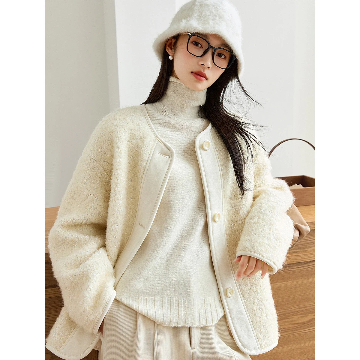 VIMLY 여성용 울 코트 우아한 2025 겨울 캐주얼 라운드 넥 트위드 코트 긴 소매 패딩 퀼트 루즈 여성 재킷 M9531