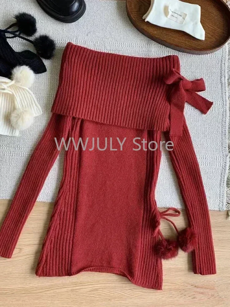 Winter Kawaii Sweet 2 Piece Set Woman Off Shoulder Bow Knitted Tops + Mini Cake Skirt Female Korean Fashion Casual Suit 2024 New