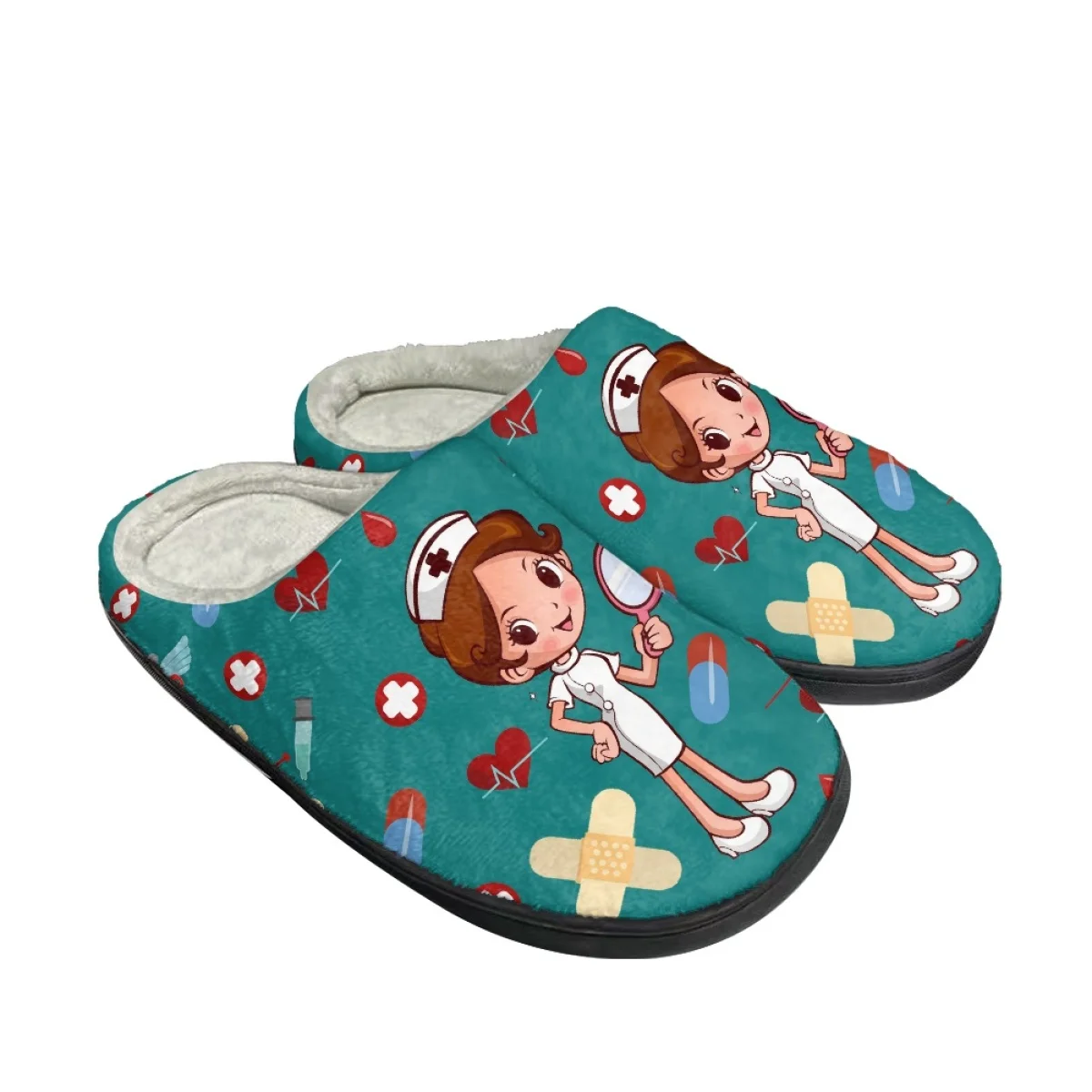 Cartoon Cute Blue Nurse Pattern Women Cotton Slipper Indoor Floor Couple Trendy Flat Shoes Autumn Winter Warm Home Plush Bedroom