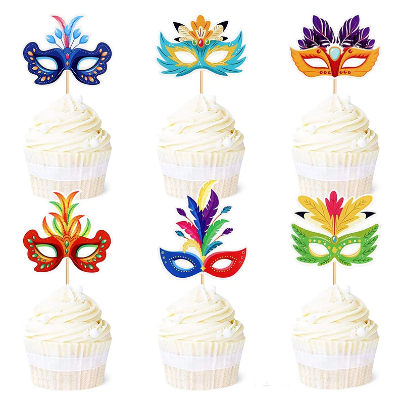 12pcs Cake Topper Face Mask Masquerade Cosplay Happy Valentine's Day Birthday Wedding Bride Cupcake Decor Party Baking Supplies