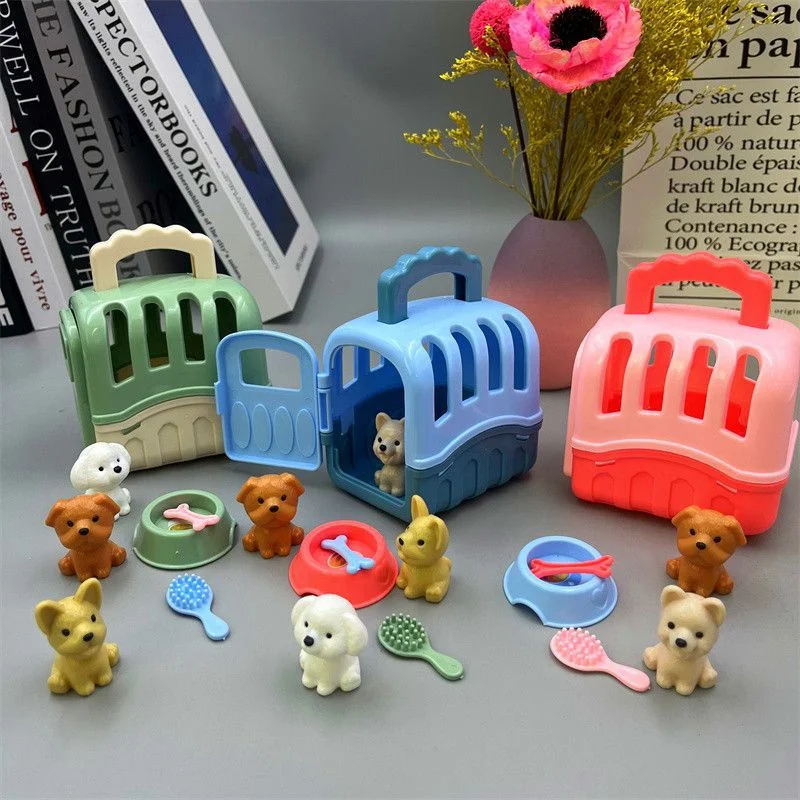 8pcs/set Cute Dog Pet Basket Family Toy Dog Doll Set Fashion Mini Pets Dog Cage Toys Pretend Play Scene Toy Christmas Decor Gift