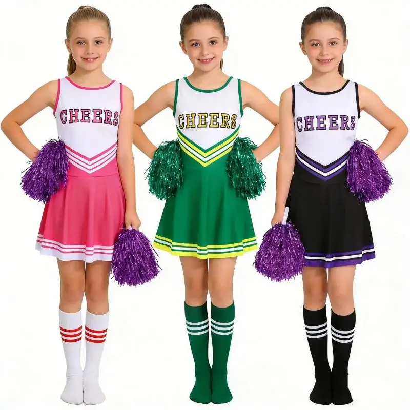 

Розовый, черный костюм черлидинга для девочек, цельное платье для выступлений с подходящими носками и цветами рук, идеально подходящее для танцевального реквизита