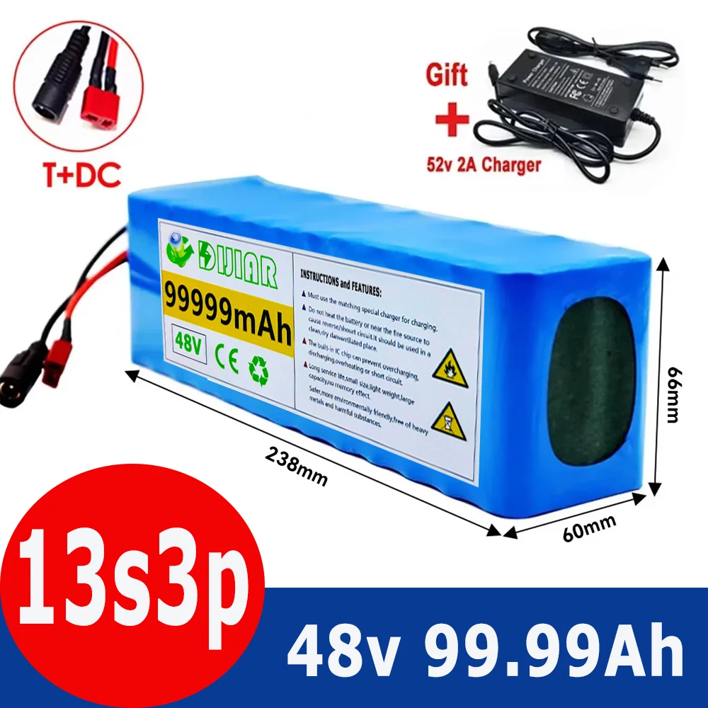 New 48V 99.99Ah 2000W 13S3P DC/T Lithium Ion Battery Pack Suitable for 48V motors with BMS+54.6V Charger