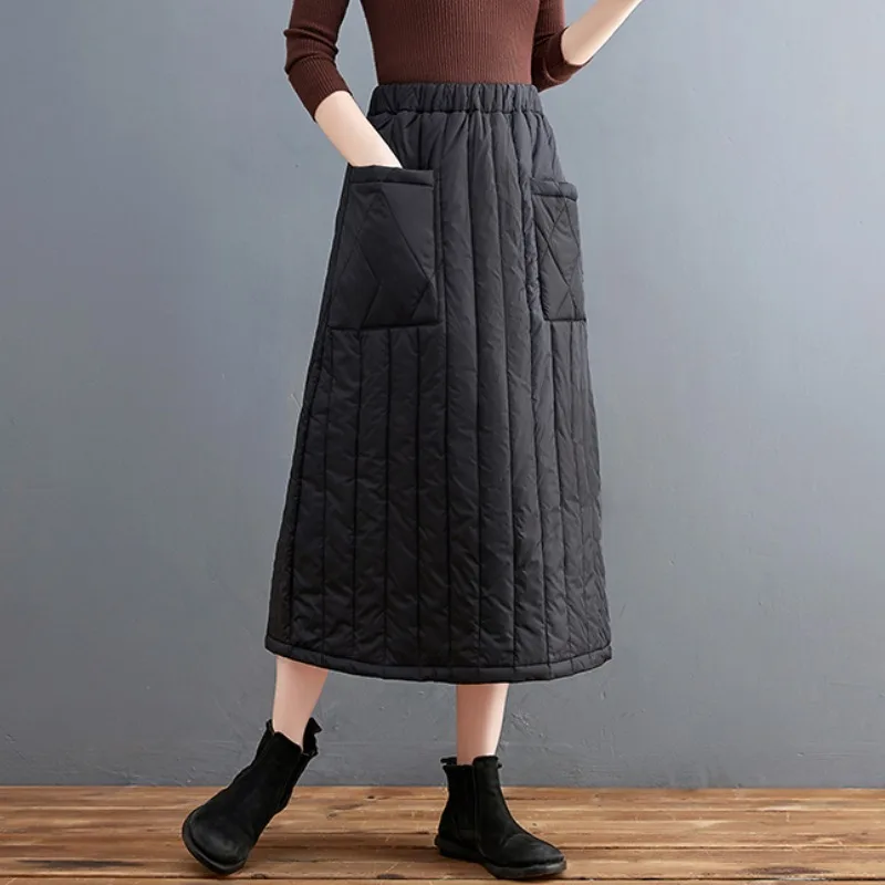 

Pockets Diamond Plaid Stripe Quilted Long Skirts Winter Warm Thick Cotton Padded Skirts Loose High Waist Women Elegant Mom Saia