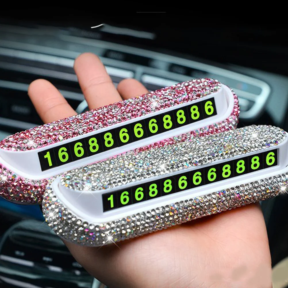 

1Pcs Car Hidden Temporary Parking Number Card Durable Aluminum Material Rhinestone Design Luminous Effect Compact Size Vehicle
