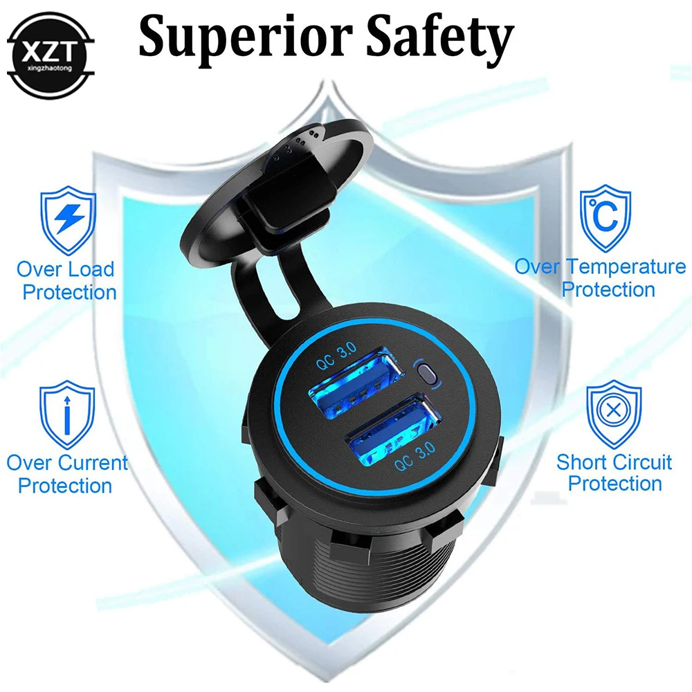 Quick Charge 3.0 Dual USB Car Charger Waterproof 12V/24V QC3.0 USB Fast Charger Socket Power Outlet with Touch Switch For Car