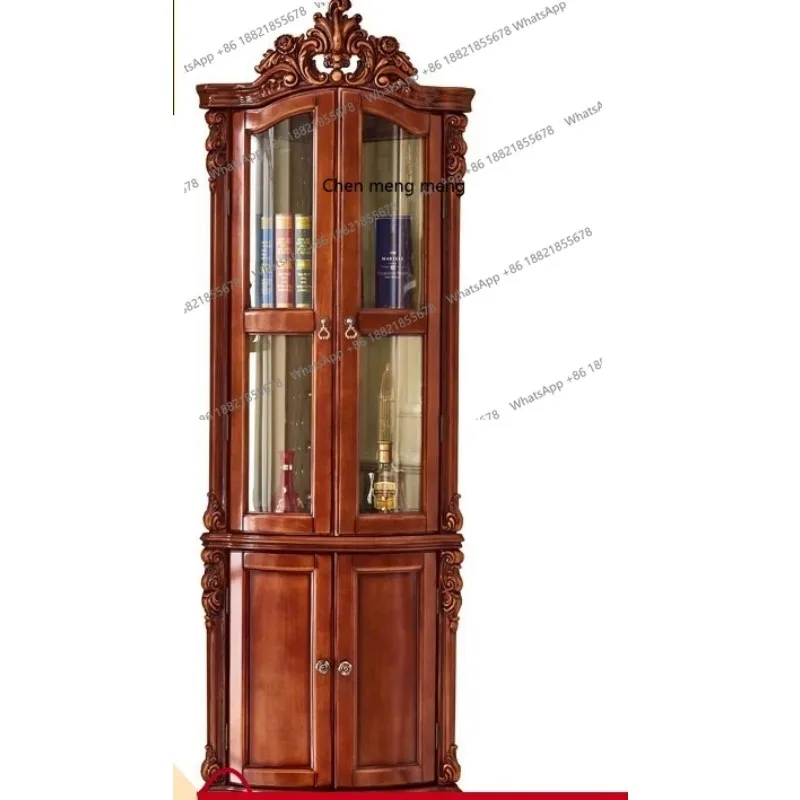 Gabinete decorativo tallado de doble puerta de madera maciza de lujo ligero americano A48, vitrina de almacenamiento de vidrio para sala de estar