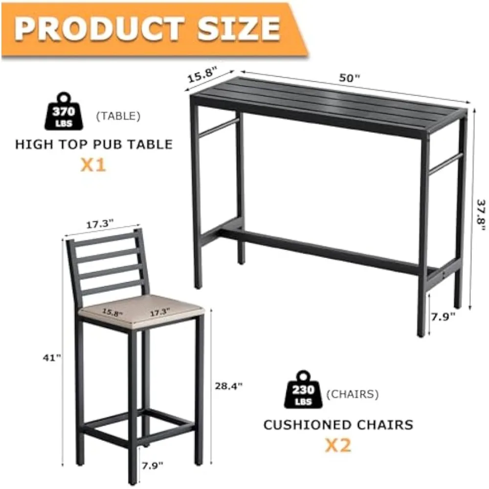 Outdoor Patio Bar Set, 50IN Rectangular Counter Height High Top Bar Tables, 3 Piece 2 Cushioned 41" Bar Stools, Metal Table